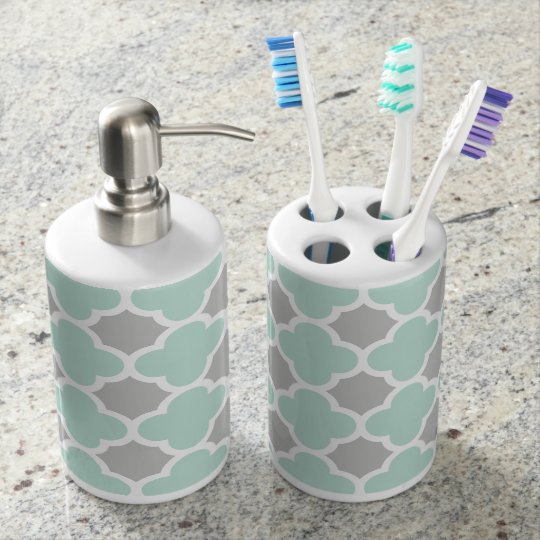 Mint Green White Gray Quatrefoil Pattern Soap Dispenser And Toothbrush