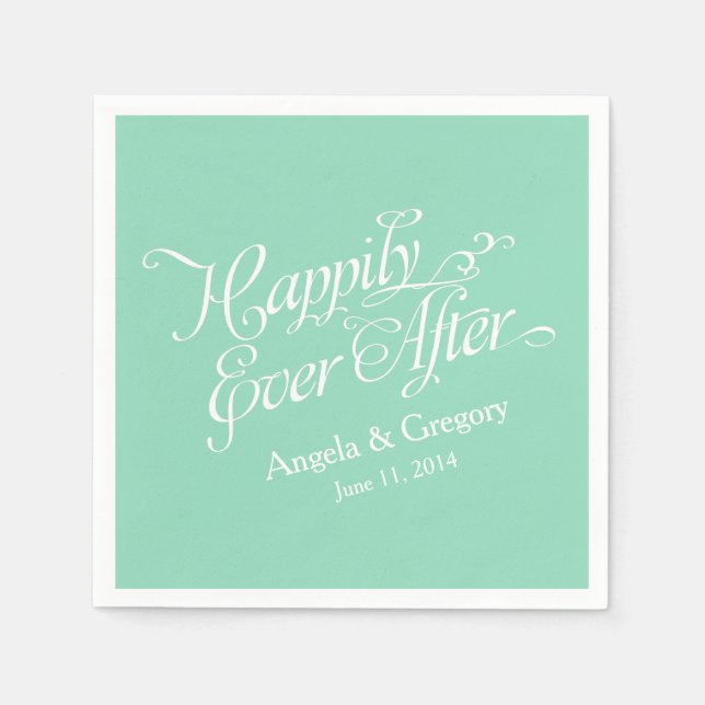 Mint Green White Happily Ever After Wedding Paper Napkins (Front)