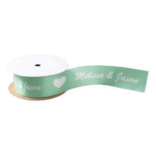 Mint Green & White Hearts & Wedding Couple Names Satin Ribbon