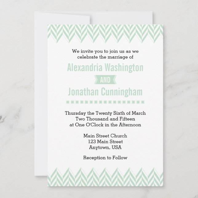 Mint Green White Herringbone Wedding Invitation (Front)