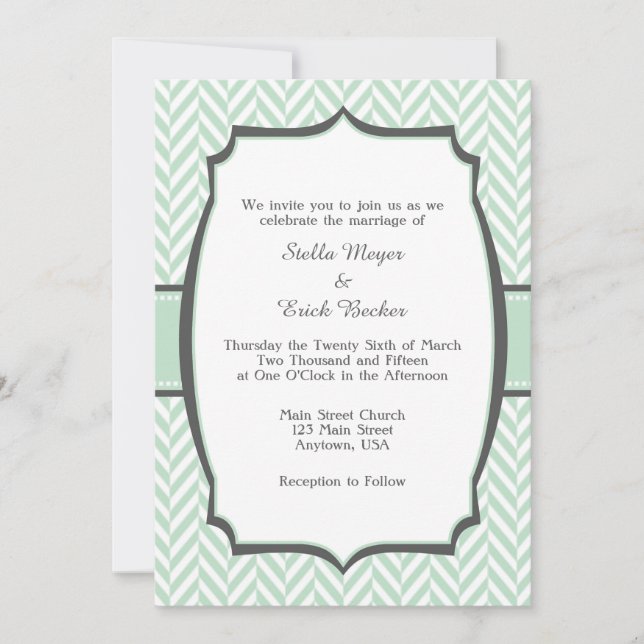 Mint Green White Herringbone Wedding Invitation (Front)