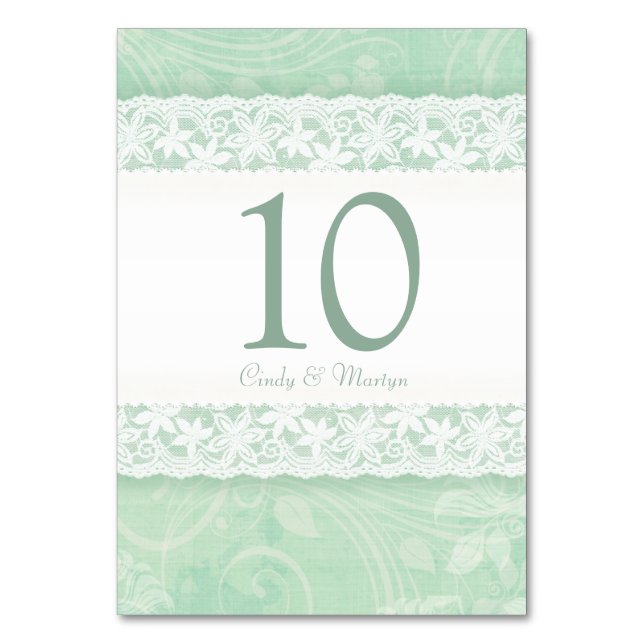 Mint green white lace print wedding table number (Front)