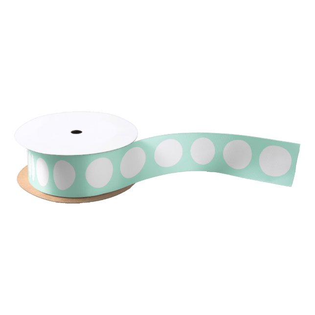 mint green white large polka dot satin ribbon (Spool)