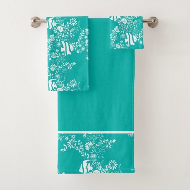 Mint Green White Ocean Life Pattern Bath Towel Set (Insitu)