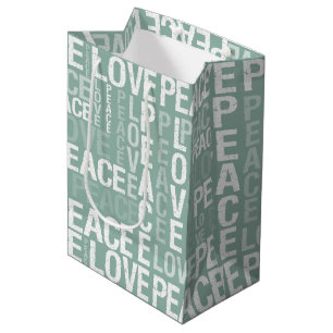 Mint Green White Peace Love Christmas Medium Gift Bag