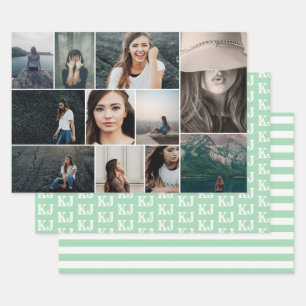 Mint Green White Photo Collage Monogram Wrapping Paper Sheets