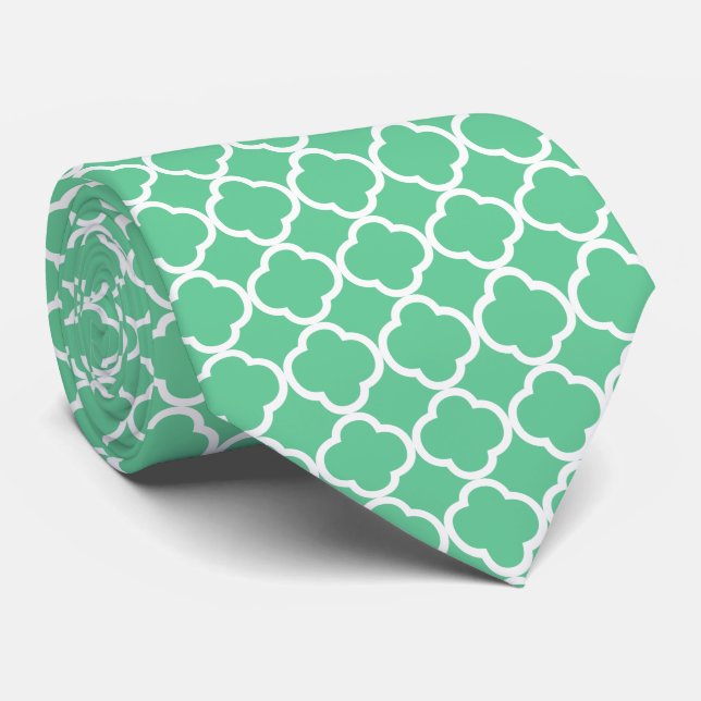 Mint green & White Quatrefoil Geometric Pattern Neck Tie (Rolled)