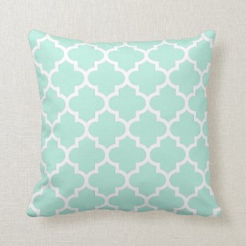 Mint Green & White Quatrefoil Pattern Pillow by JustLola at Zazzle