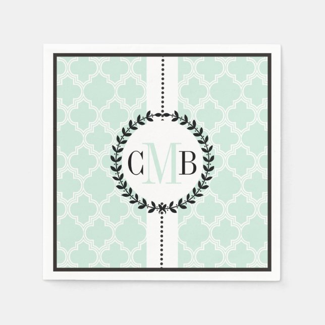 Mint green, white quatrefoil pattern wedding napkins (Front)