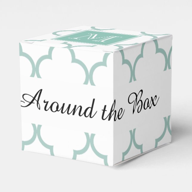 Mint Green, White Quatrefoil | Your Monogram Favor Boxes (Front Side)