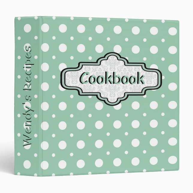 Mint green, white retro polka dot cute recipe 3 ring binder (Front/Spine)