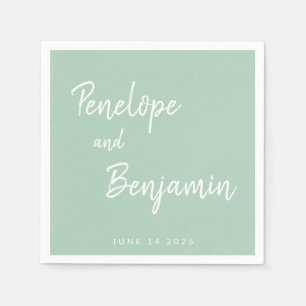 Mint Green White Script Couple Names Wedding Date Napkins