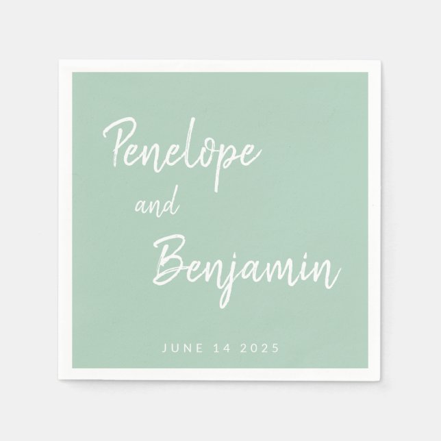 Mint Green White Script Couple Names Wedding Date Napkins (Front)