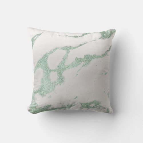 Mint Green White Silver Gray Metallic Marble Stone Throw Pillow