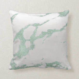 Mint Green White Silver Gray Metallic Marble Stone Throw Pillow