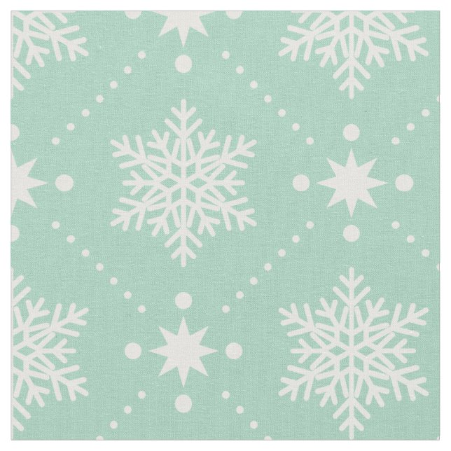 Mint Green White Snowflakes Christmas Pattern Fabric (Close Up)