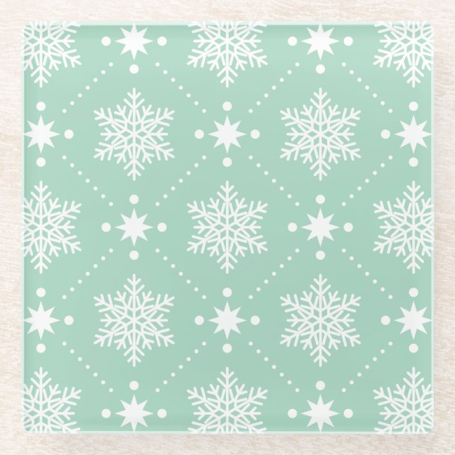 Mint Green White Snowflakes Christmas Pattern Glass Coaster (Front)