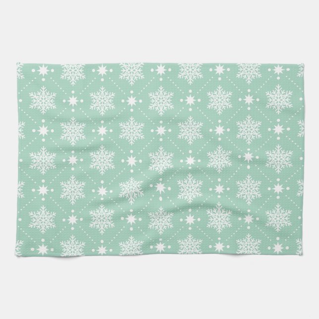 Mint Green White Snowflakes Christmas Pattern Kitchen Towel (Horizontal)