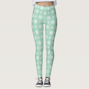 Mint Green White Snowflakes Christmas Pattern Leggings