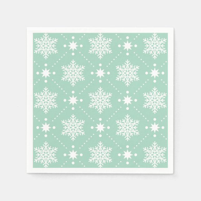 Mint Green White Snowflakes Christmas Pattern Paper Napkins (Front)