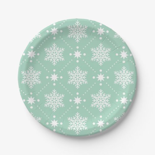 Mint Green White Snowflakes Christmas Pattern Paper Plates