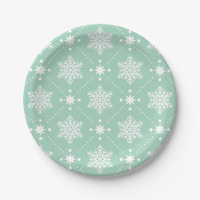 Mint Green White Snowflakes Christmas Pattern Paper Plates (Front)