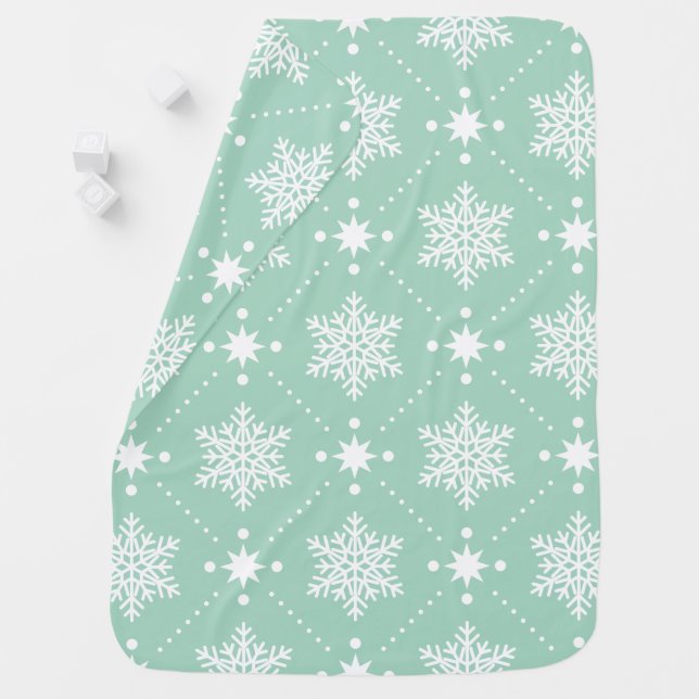 Mint Green White Snowflakes Christmas Pattern Swaddle Blanket (In Situ)