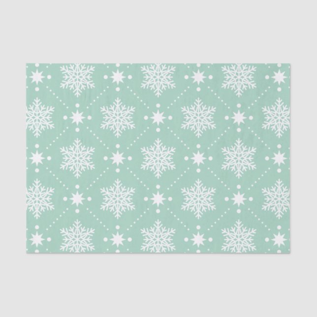 Mint Green White Snowflakes Christmas Pattern Tissue Paper (Front)