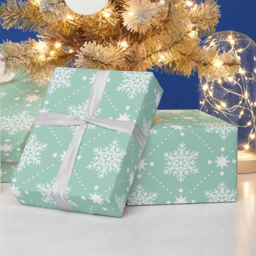 Mint Green White Snowflakes Christmas Pattern Wrapping Paper