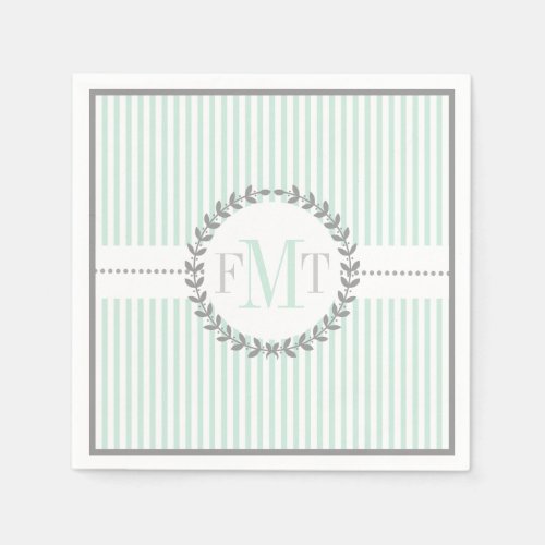 Mint green white striped pattern wedding paper napkins