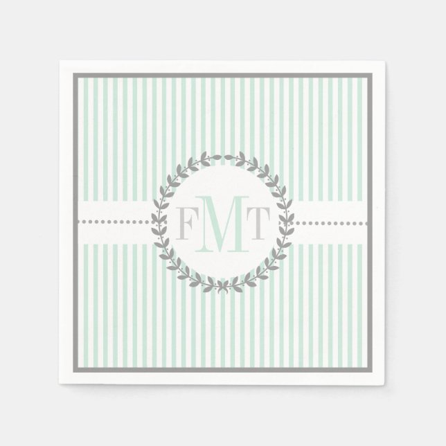 Mint green, white striped pattern wedding paper napkins (Front)