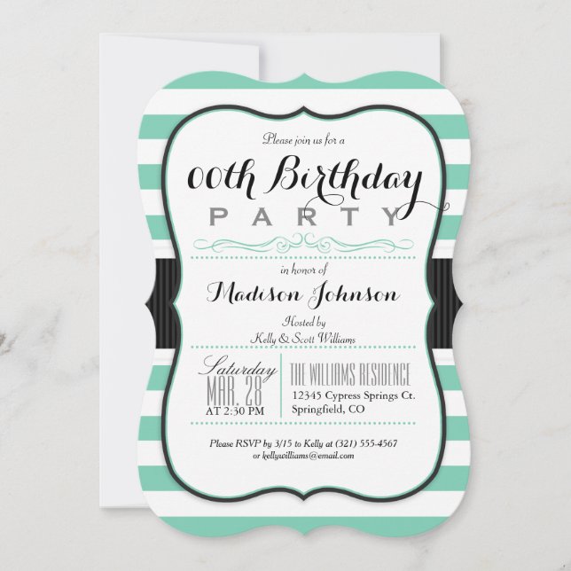 Mint Green & White Stripes Birthday Party Invitation (Front)