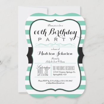 Mint Green & White Stripes Birthday Party Invitation by Card_Stop at Zazzle