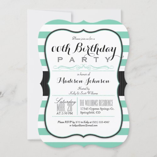 Mint Green  White Stripes Birthday Party Invitation