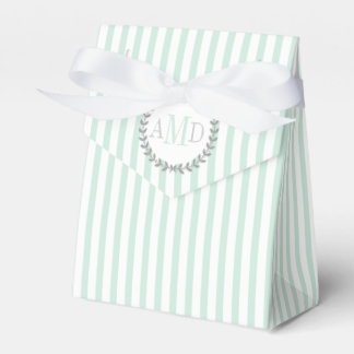 Mint green, white stripes monogram wedding favor boxes