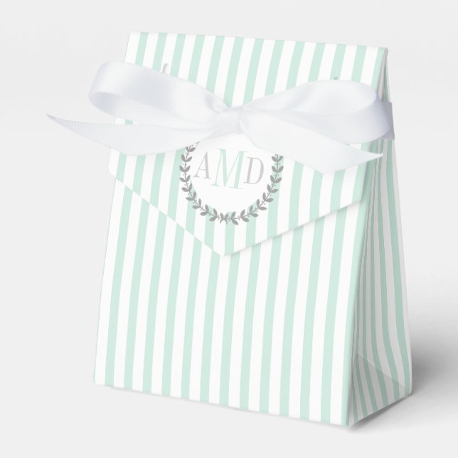Mint green, white stripes monogram wedding favor boxes (Front Side)