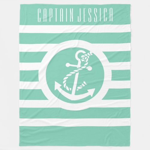 Mint_green  White Stripes Nautical Anchor Fleece Blanket