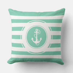Mint-Green & White Stripes Nautical Anchor Throw Pillow