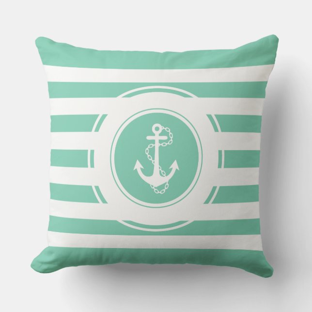 Mint-Green & White Stripes Nautical Anchor Throw Pillow (Front)