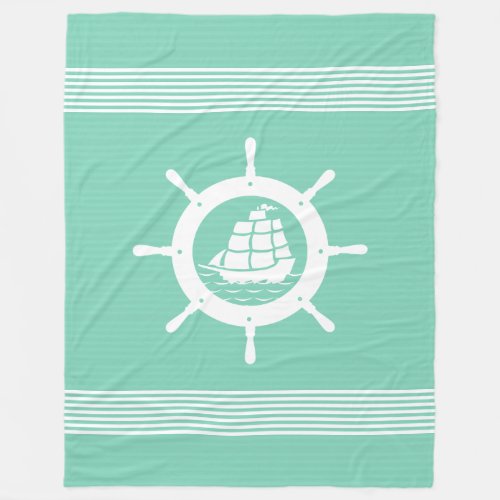 Mint_Green  White Stripes Nautical Boat Wheel Fleece Blanket