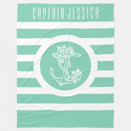 Mint_green  White Stripes Nautical Floral Anchor Fleece Blanket