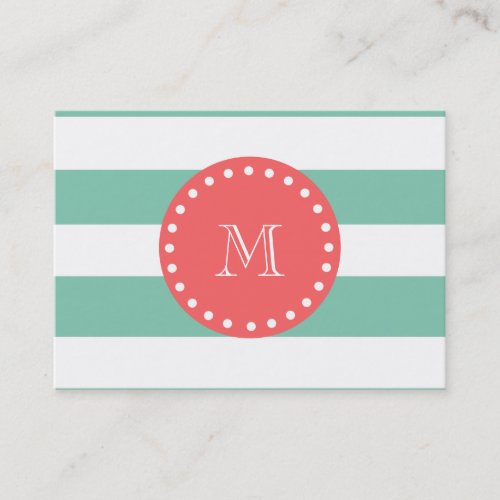 Mint Green White Stripes Pattern, Coral Monogram Business Card Templates