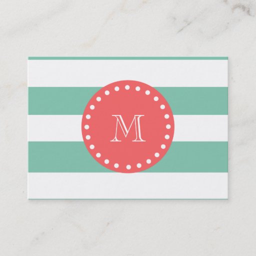 Customizable Mint Green White Stripes Pattern, Coral Monogram Business Card Templates