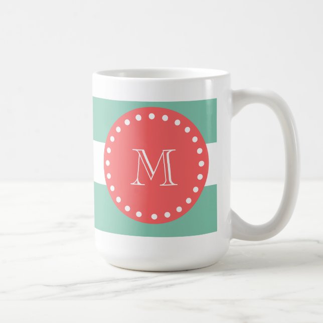 Mint Green White Stripes Pattern, Coral Monogram Coffee Mug (Right)