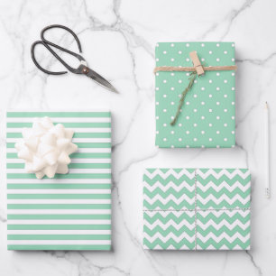 Mint Green & White Stripes Polka Dot Chevron  Wrapping Paper Sheets