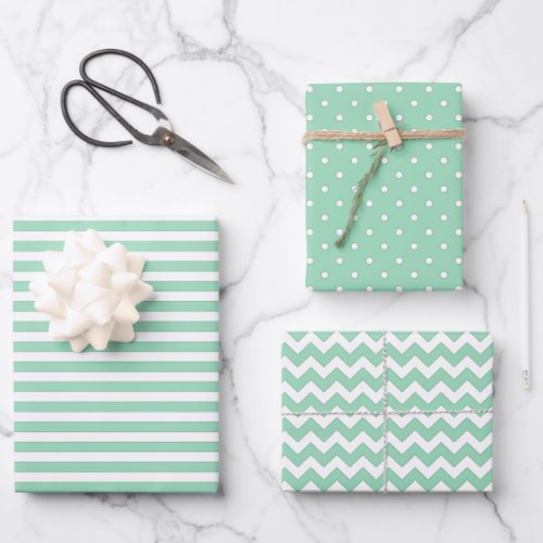 Mint Green  White Stripes Polka Dot Chevron  Wrapping Paper Sheets