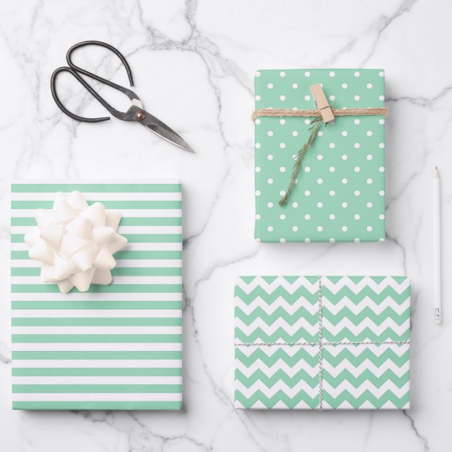 Mint Green & White Stripes Polka Dot Chevron  Wrapping Paper Sheets (Front)