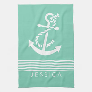 Mint-Green & White Stripes With Nautical Anchor Towel