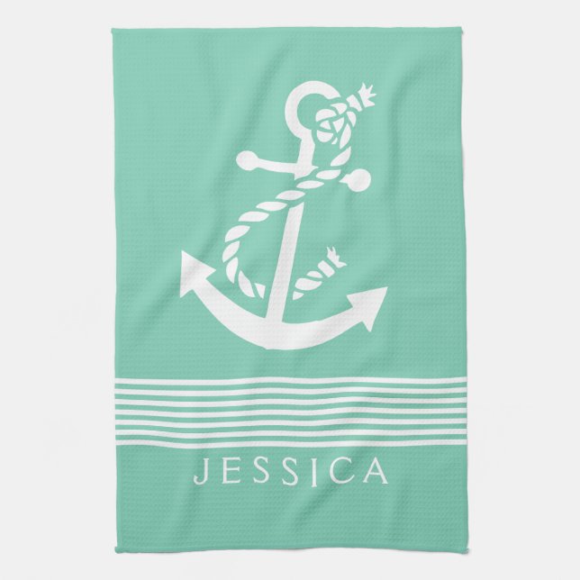 Mint-Green & White Stripes With Nautical Anchor Towel (Vertical)