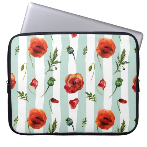 Mint_Green  White Stripes With Red Poppies Laptop Sleeve